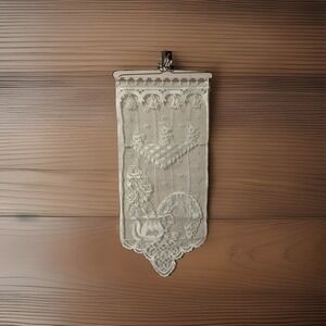 Vintage Lace Wall Hanging Tea Party Floral White Tapestry Plus Holder
